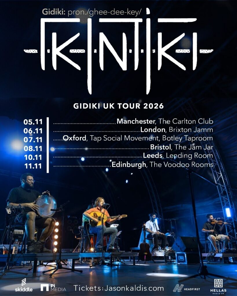Gidiki Poster about their UK Tour on November 2026. The image features a photo of the band playing at Technopolis and the dates, cities, and venues of the tour.